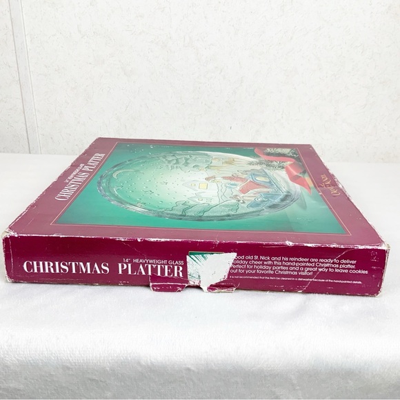 Vintage Grandeur Noel Painted Glass Santa Reindeer Round Christmas Platter 14” - Picture 3 of 10